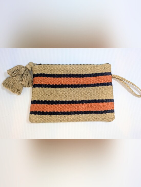 J. Jill Handbags - J. Jill Jute Woven Striped Wristlet Clutch Tassel Boho Navy Orange